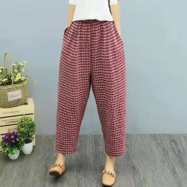 Cotton And Linen High Waist Harem Ankle length Baggy Pants Artistic Plaid Loose Baggy Pants Women Red Plaid - Shop at LoveMi