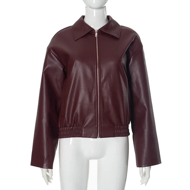 Women's Retro Lapels Zip Leather Jacket Wine Red - Shop at LoveMi