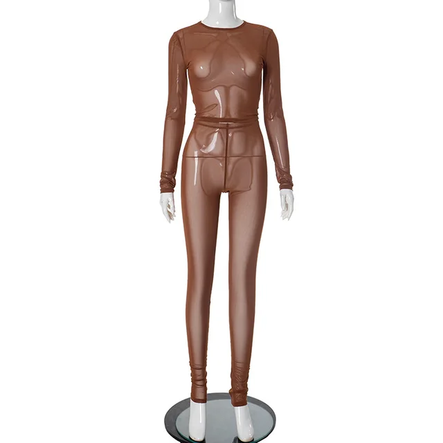 Long Sleeve Top Mesh See through Suit Brown - Shop at LoveMi