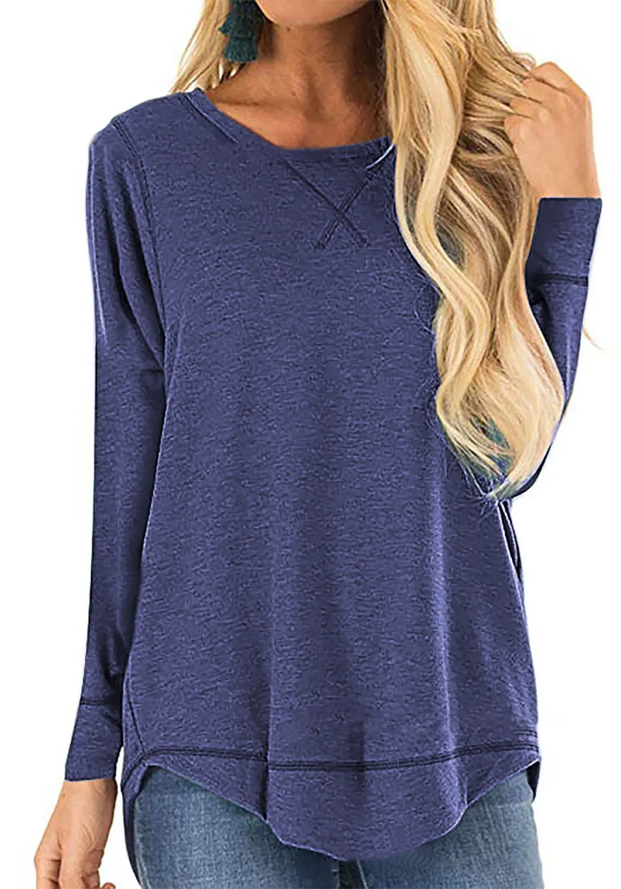 Women's Round Neck Long-sleeve T-shirt Solid Color Loose Top - Dark Blue