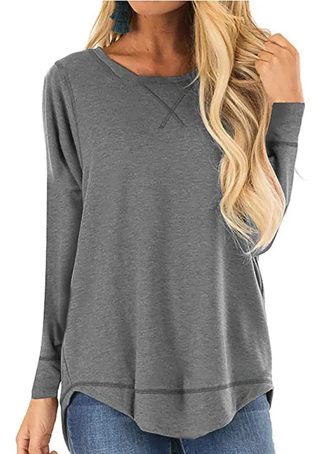 Women's Round Neck Long sleeve T shirt Solid Color Loose Top Light Gray - Shop at LoveMi
