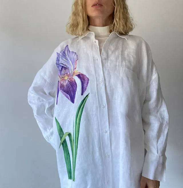 Three dimensional Hand Crochet Knitted White Flower Printed Cotton And Linen Shirt Purple - Shop at LoveMi