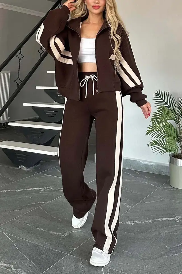 Casual Trousers Simple Zipper Coat For Women Brown - Shop at LoveMi