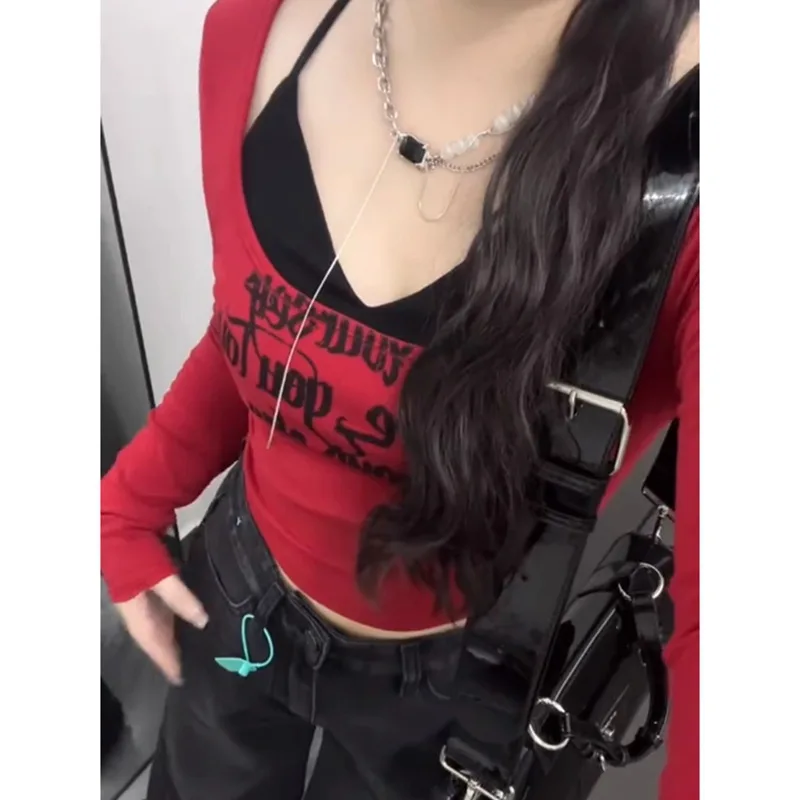 Wear U-neck Low-cut Skinny Short Top - Red