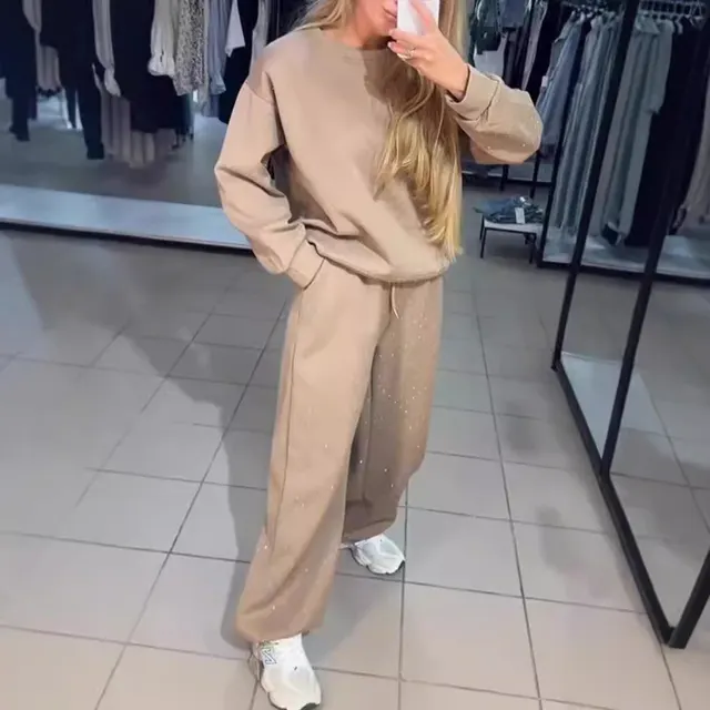 Women's Casual Round Neck Drilling Drawstring Ankle tied Two piece Suit Apricot - Shop at LoveMi