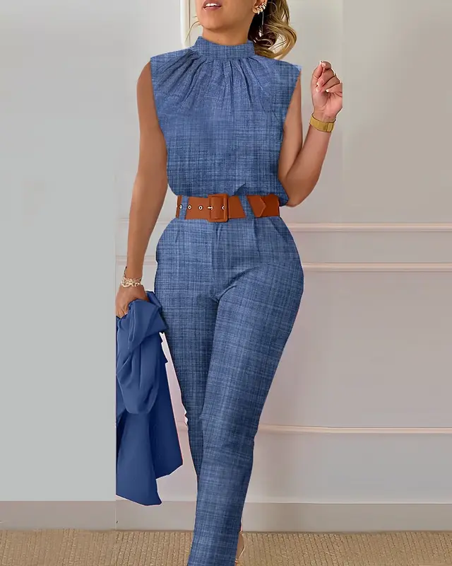 Cute Style Fresh Sweet Women's Printed Sleeveless Fashion Casual Set Sapphire Blue - Shop at LoveMi