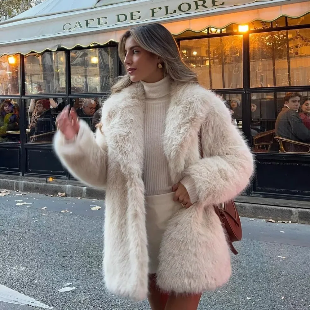 Artificial Fur Warm Coat Thick Coat Women Milk Tea Color S - Shop at LoveMi