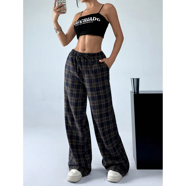Leopard Print Floral Print Casual Jumpsuit Wide Leg Loose Gk29 Blue And Yellow Grid - Shop at LoveMi