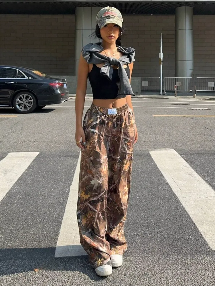 Slimming Casual Pants Hip Hop Retro Street Multi pocket Camouflage Cargo Pants For Women Y2k Hip hop Cargo Grunge Baggy Trousers Branch Pattern - Shop at LoveMi