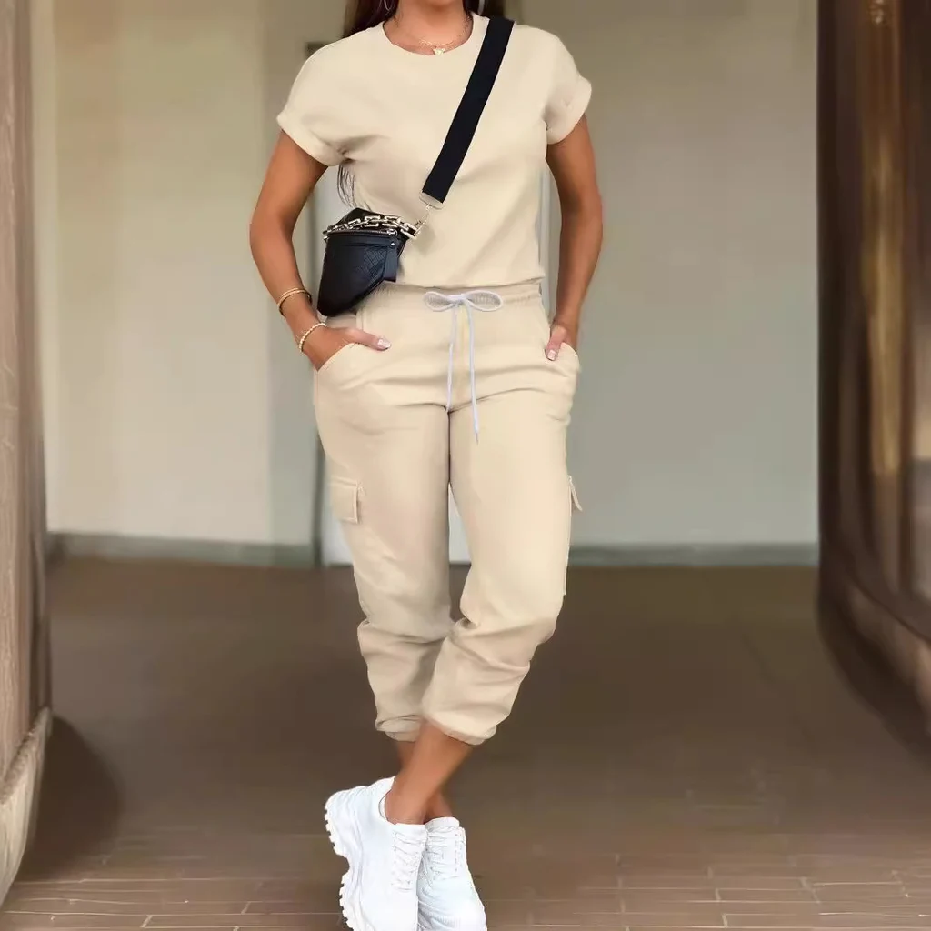 Top And Cargo Jogger Pants Two-piece Suit - Beige
