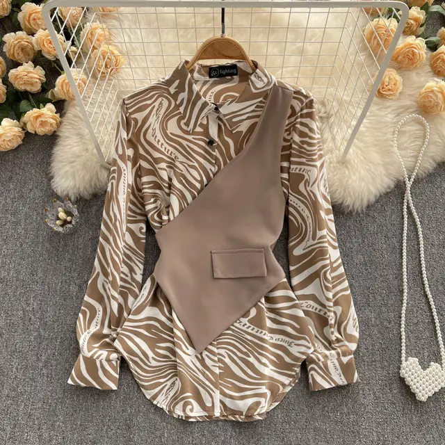 Long Sleeve Top Loose Striped Stitching Fake Shirt Khaki - Shop at LoveMi