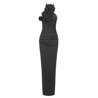 New Style White Ribbon Flower Halter Long High Sense Dress - Black