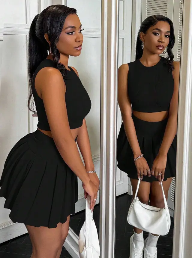 Women's Pleated Fashion Slim Sleeveless Skirt Suit Black - Shop at LoveMi