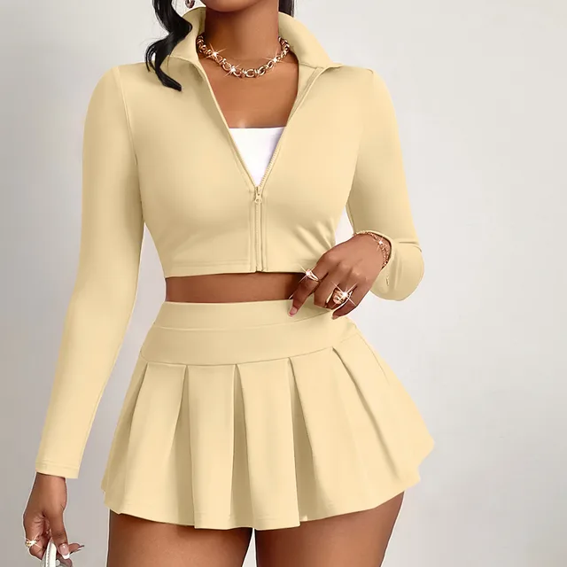 Casual Women's Clothing Solid Color Waist Tight Top Skirt Suit Apricot - Shop at LoveMi