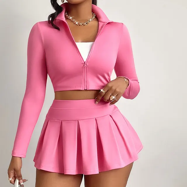 Casual Women's Clothing Solid Color Waist Tight Top Skirt Suit Pink - Shop at LoveMi