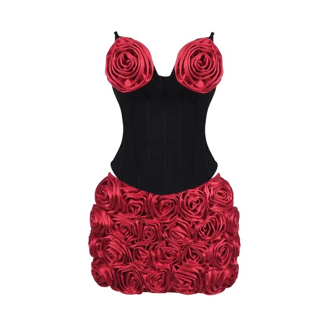 Tube Top Flower Three dimensional Decoration Top Hip Skirt Dress Two piece Set Black And Red Color Matching - Shop at LoveMi