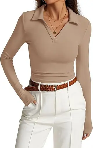 V-neck Slim-fit Casual Basic Pleated Top - Khaki