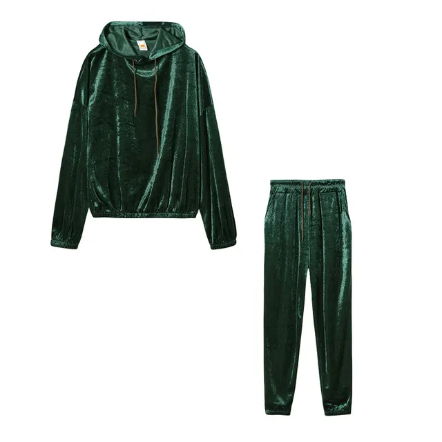 Solid Color Gold Velvet Hooded Long Sleeve Casual Suit Dark Green - Shop at LoveMi
