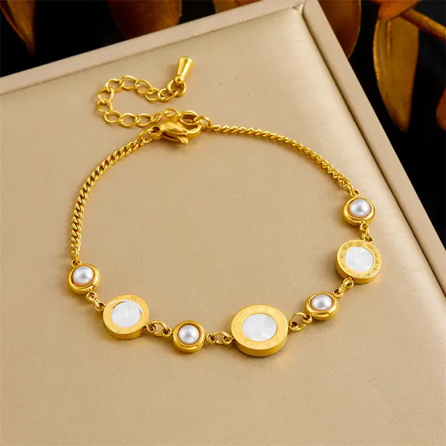 Retro White Shell Round Card Interval Pearl Accessories Bracelet B1497 - Shop at LoveMi