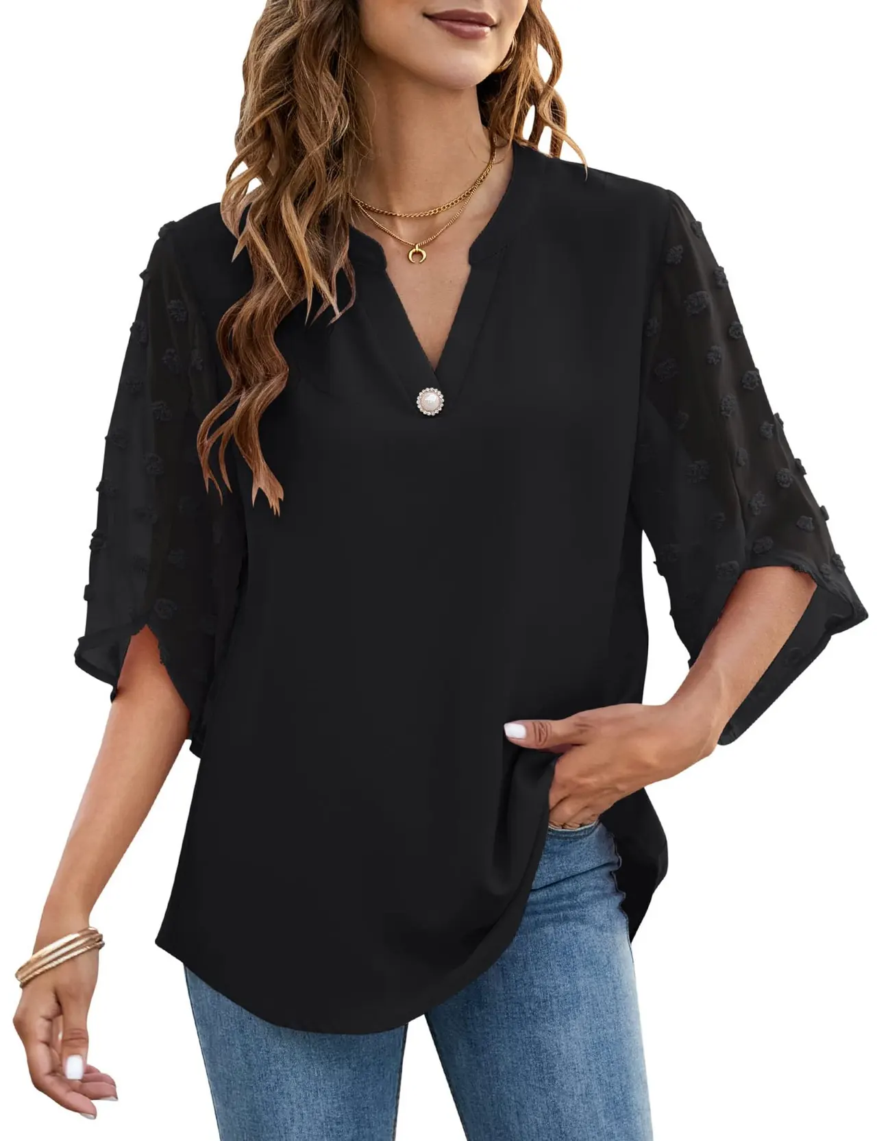 Casual Loose V-neck Shirt Top - Black