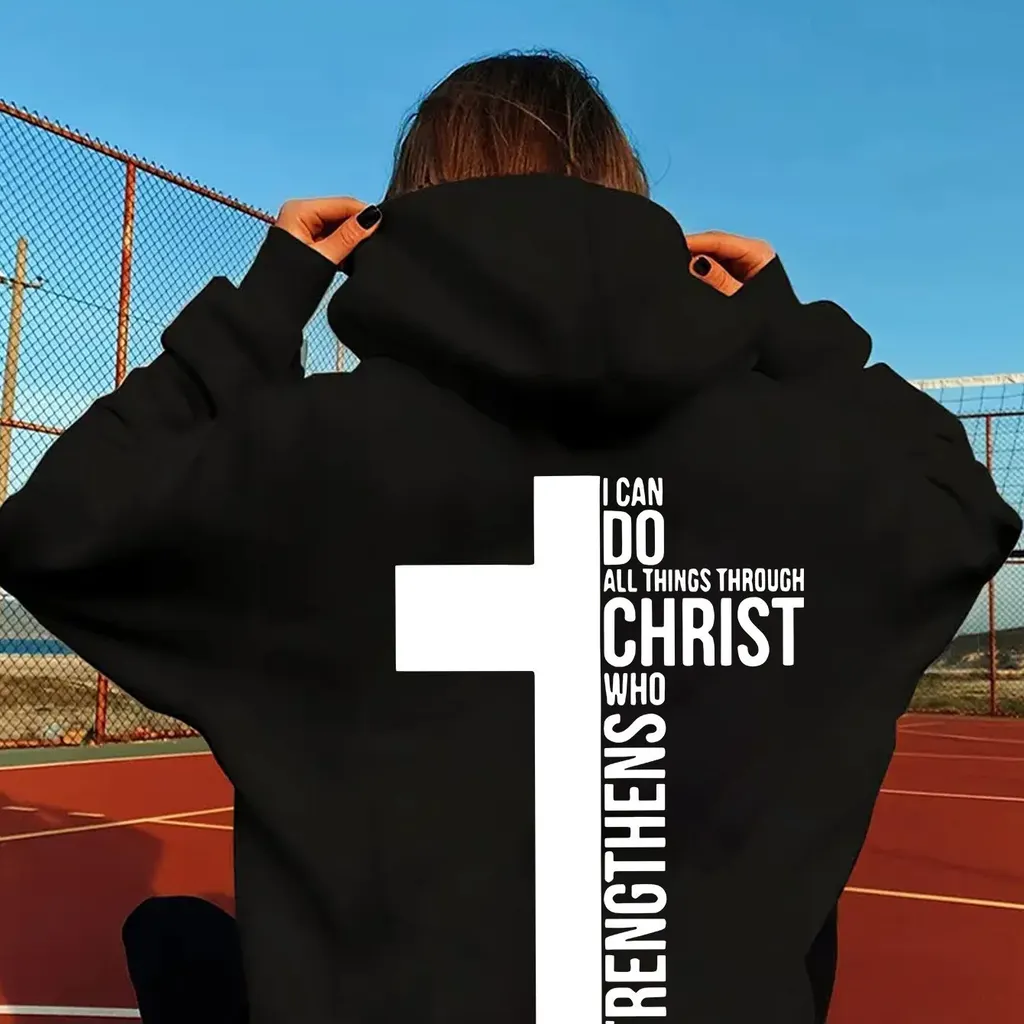 Casual Knit Polyester Hoodie For Women With Insp - Black