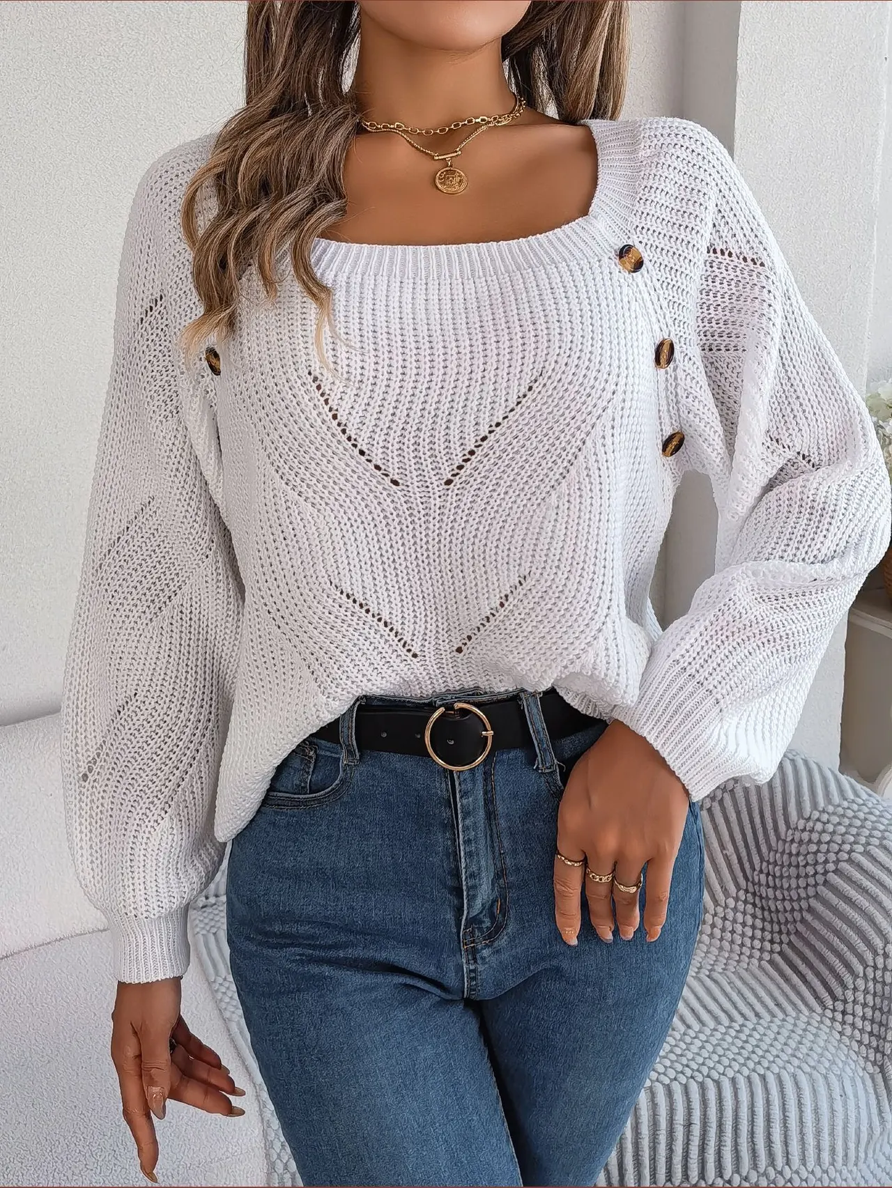 Button Solid Color Hollow-out Lantern Sleeve Sweater - White