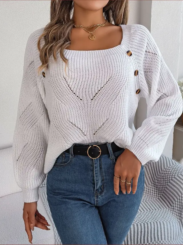 Button Solid Color Hollow out Lantern Sleeve Sweater White - Shop at LoveMi