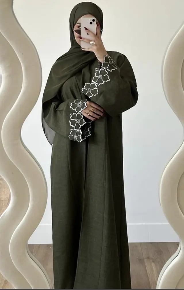 Solid Color Long Sleeve Loose Islamic Flower Embroidered Cardigan Army Green - Shop at LoveMi