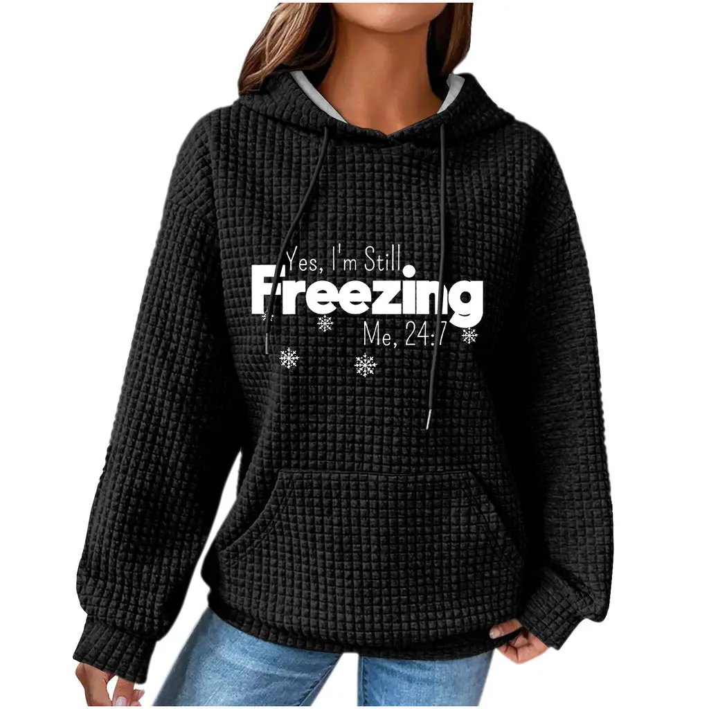 Women's Hooded Long-sleeved Patchwork Waffle Sweater - Black 3