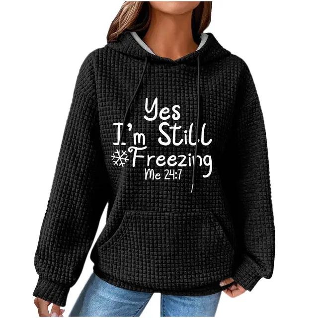 Women's Hooded Long sleeved Patchwork Waffle Sweater Black 4 - Shop at LoveMi