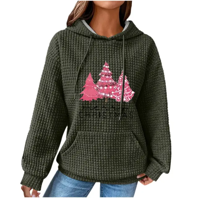 Women's Hooded Long sleeved Patchwork Waffle Sweater Olive Green 1 - Shop at LoveMi