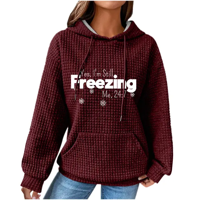 Women's Hooded Long sleeved Patchwork Waffle Sweater Wine Red 3 - Shop at LoveMi