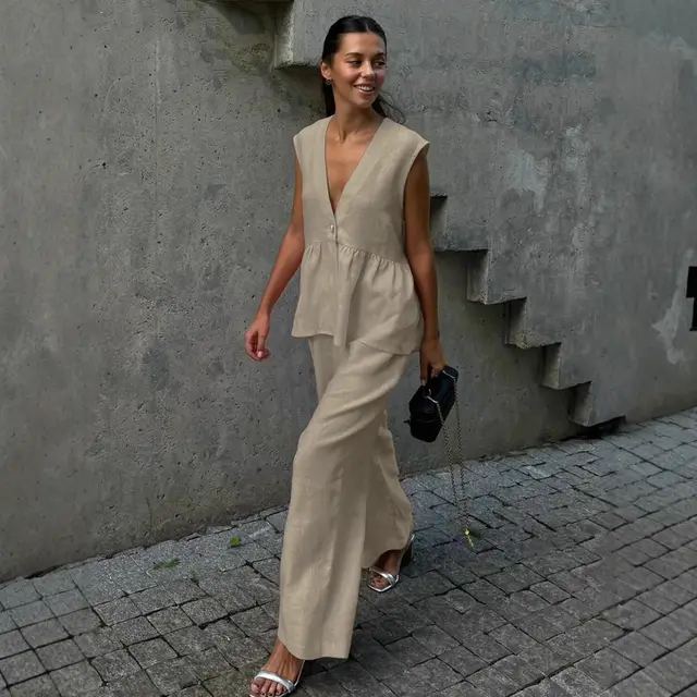 V neck Sleeveless Top Vest Trousers Suit Women Apricot - Shop at LoveMi