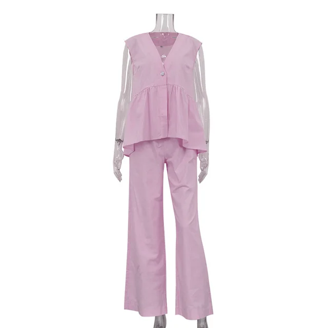 V neck Sleeveless Top Vest Trousers Suit Women Pink - Shop at LoveMi