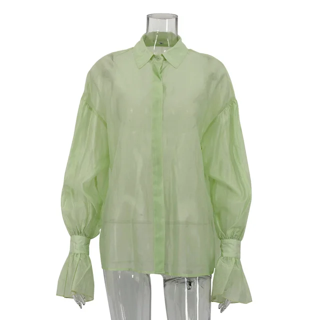Loose Lapel Long Sleeves Shirt For Women Green - Shop at LoveMi
