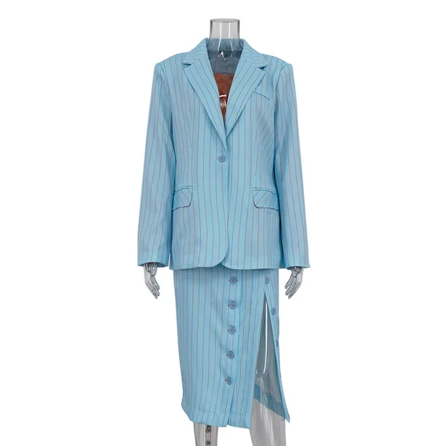 Striped Mid length Dress Set Women's Lapel Long Sleeve Blue - Shop at LoveMi