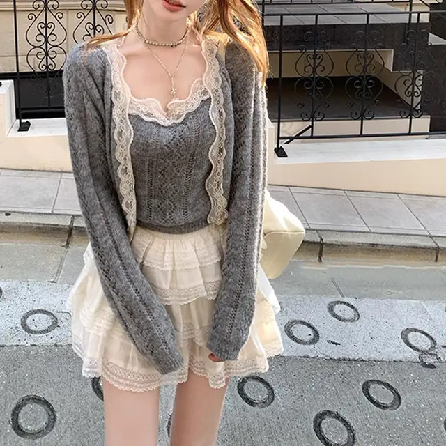 Fashion Rhombus Strappy Cardigan Suit Women Gray Top Vest - Shop at LoveMi