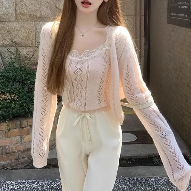 Fashion Rhombus Strappy Cardigan Suit Women Pink Top Vest - Shop at LoveMi