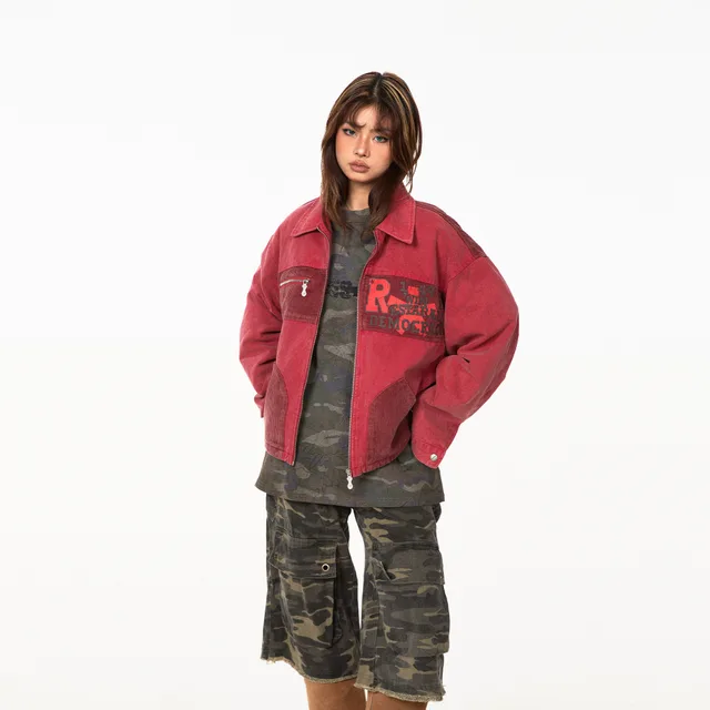 Patchwork Jacket Texture Three dimensional Corduroy Pocket Baggy Coat Brick Red - Shop at LoveMi