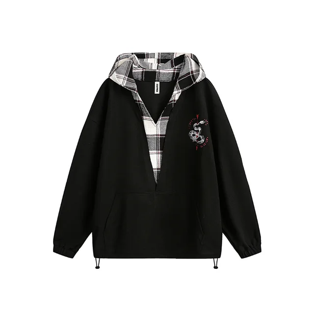 Japanese style Retro Fake Two piece Plaid Stitching Contrast Color Hooded Sweatshirt Black - Shop at LoveMi