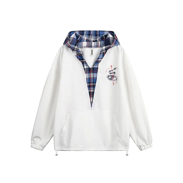 Japanese style Retro Fake Two piece Plaid Stitching Contrast Color Hooded Sweatshirt Ivory White - Shop at LoveMi