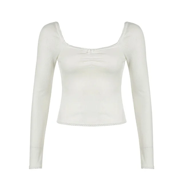 French Pure Desire Square Collar Lace Bow Long Sleeve Top For Women White - Shop at LoveMi