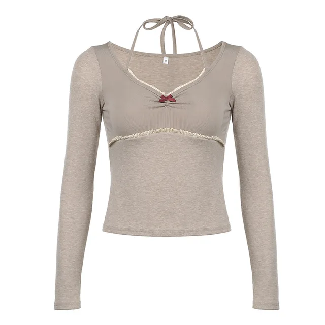 Halterneck Long sleeved Women's Early Autumn Waist tight Design Blouse Khaki - Shop at LoveMi