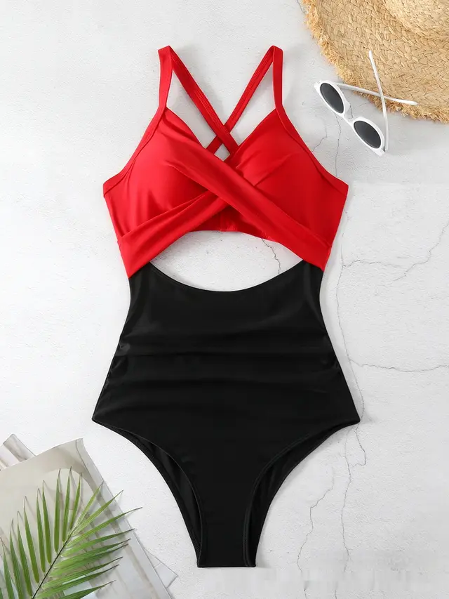 Sexy Cutout Cross Color Matching Swimsuit Black And Red - Shop at LoveMi