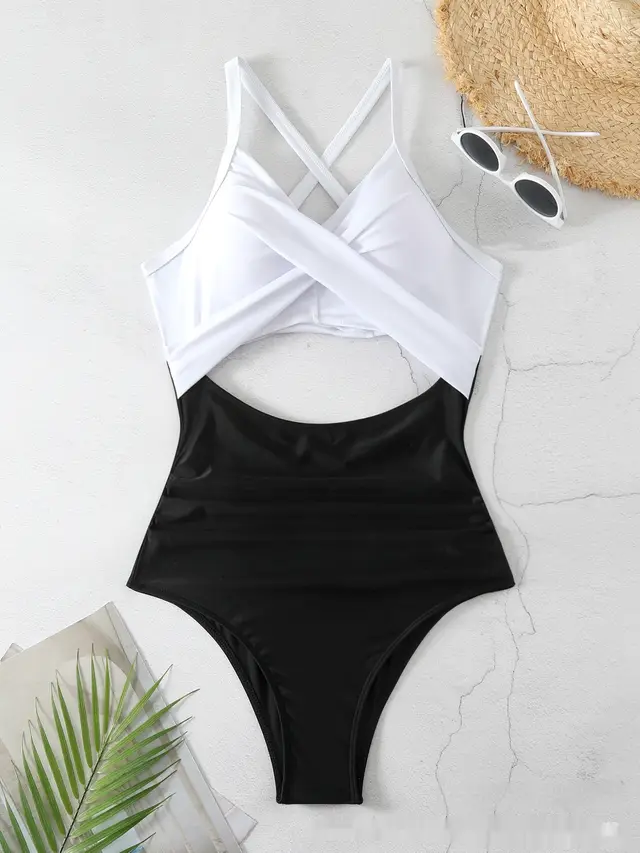 Sexy Cutout Cross Color Matching Swimsuit Black And White - Shop at LoveMi