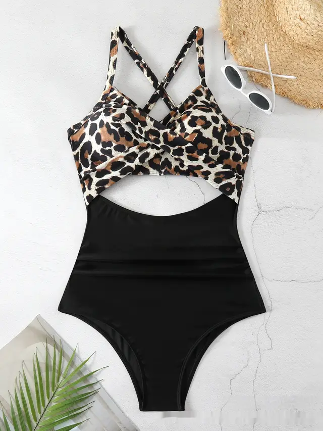 Sexy Cutout Cross Color Matching Swimsuit Black Panther Pattern - Shop at LoveMi