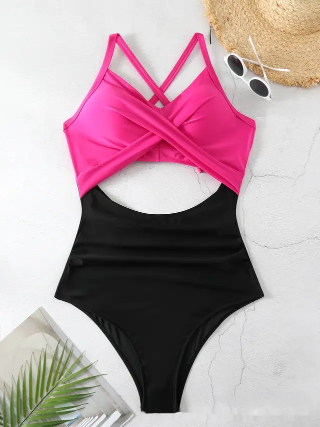Sexy Cutout Cross Color Matching Swimsuit Black Rose Red - Shop at LoveMi