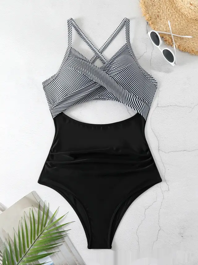 Sexy Cutout Cross Color Matching Swimsuit Black Slanted Stripe - Shop at LoveMi