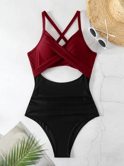 Sexy Cutout Cross Color Matching Swimsuit Black Wine Red - Shop at LoveMi