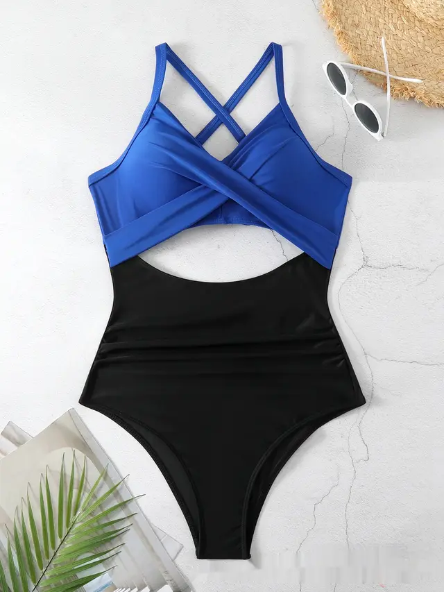 Sexy Cutout Cross Color Matching Swimsuit Blue And Black - Shop at LoveMi